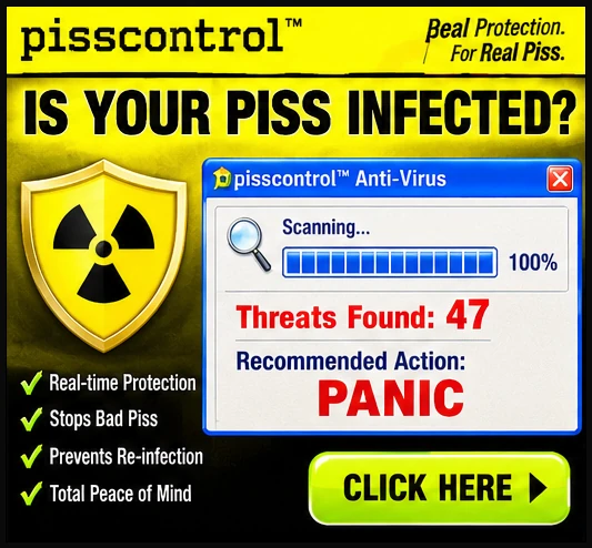 Fake ad: Is your piss infected? pisscontrol Anti-Virus found 47 threats. Recommended action: panic