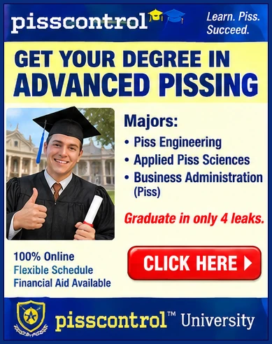 Fake ad: Get your degree in advanced pissing at pisscontrol University. Graduate in only 4 leaks